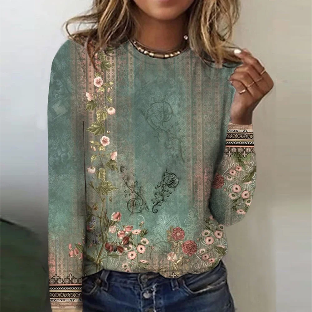 Vintage Green Floral Print Long Sleeve Top
