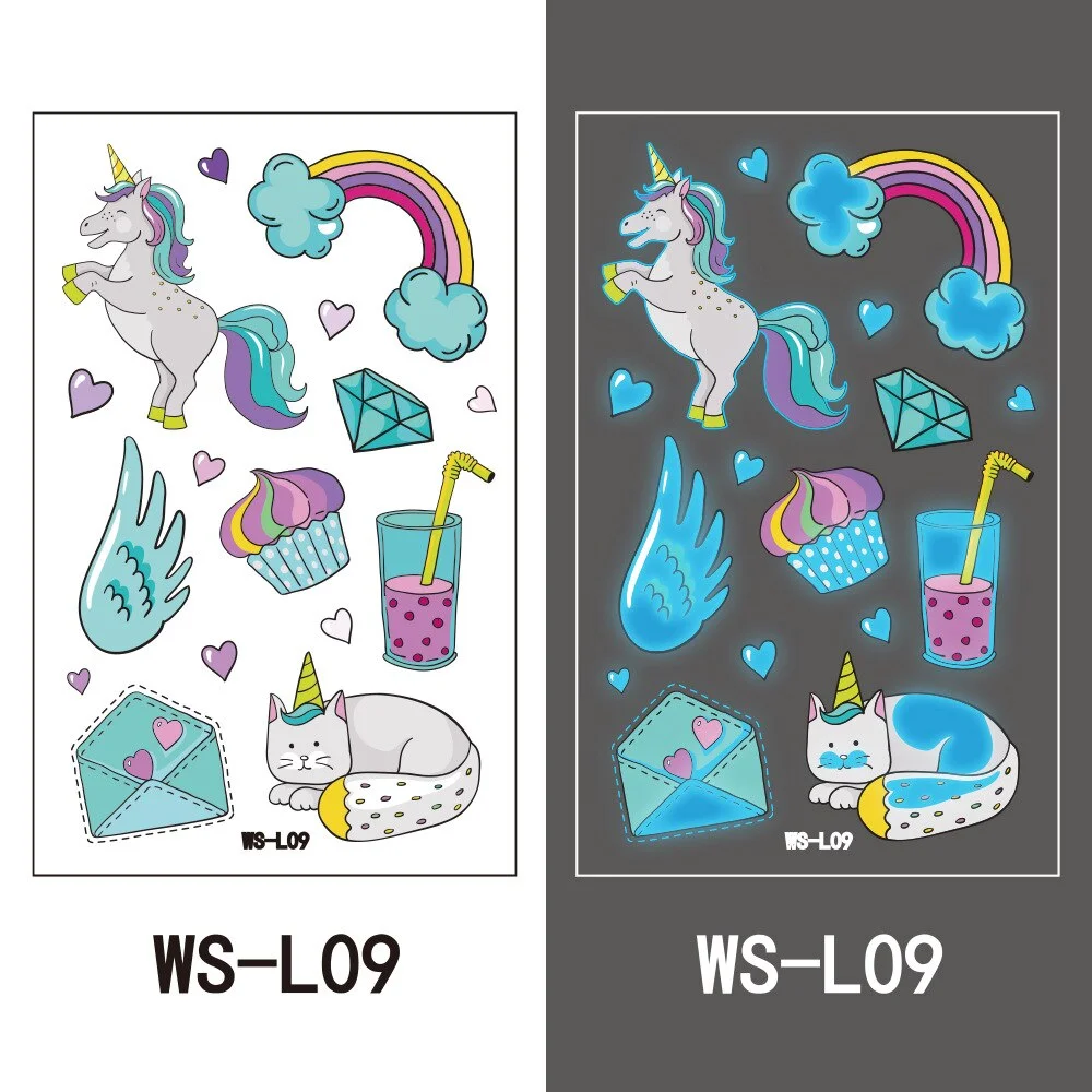 Luminous Night Temporary Tattoo Sticker Children Cartoon Stars Dolphin Butterfly Car Animal Waterproof Body Art Kids Fake Tatoo