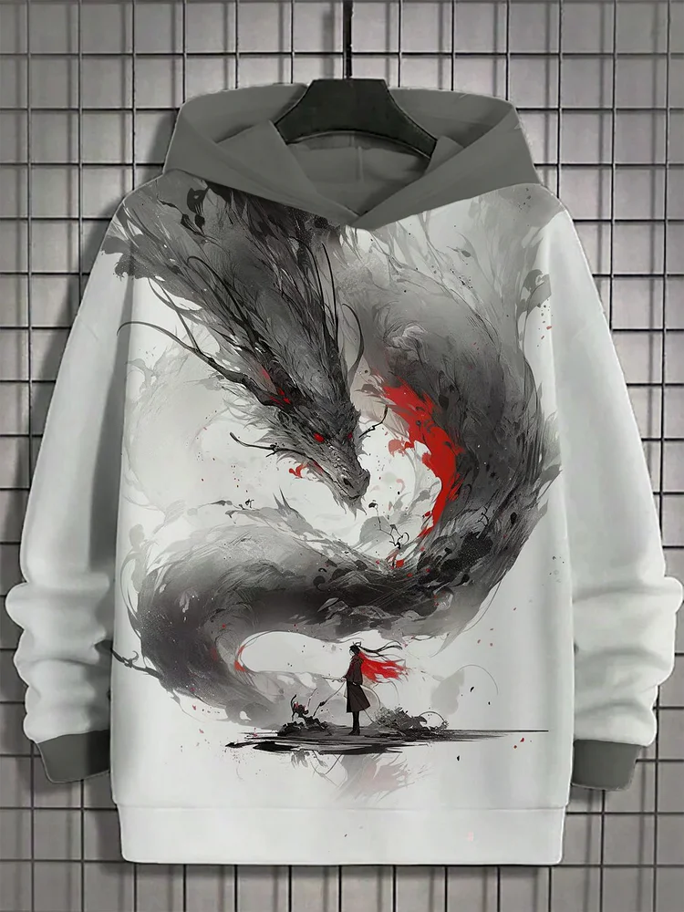 Men's Retro Ink Wash Painting Dragon Art Print Casual Hoodie