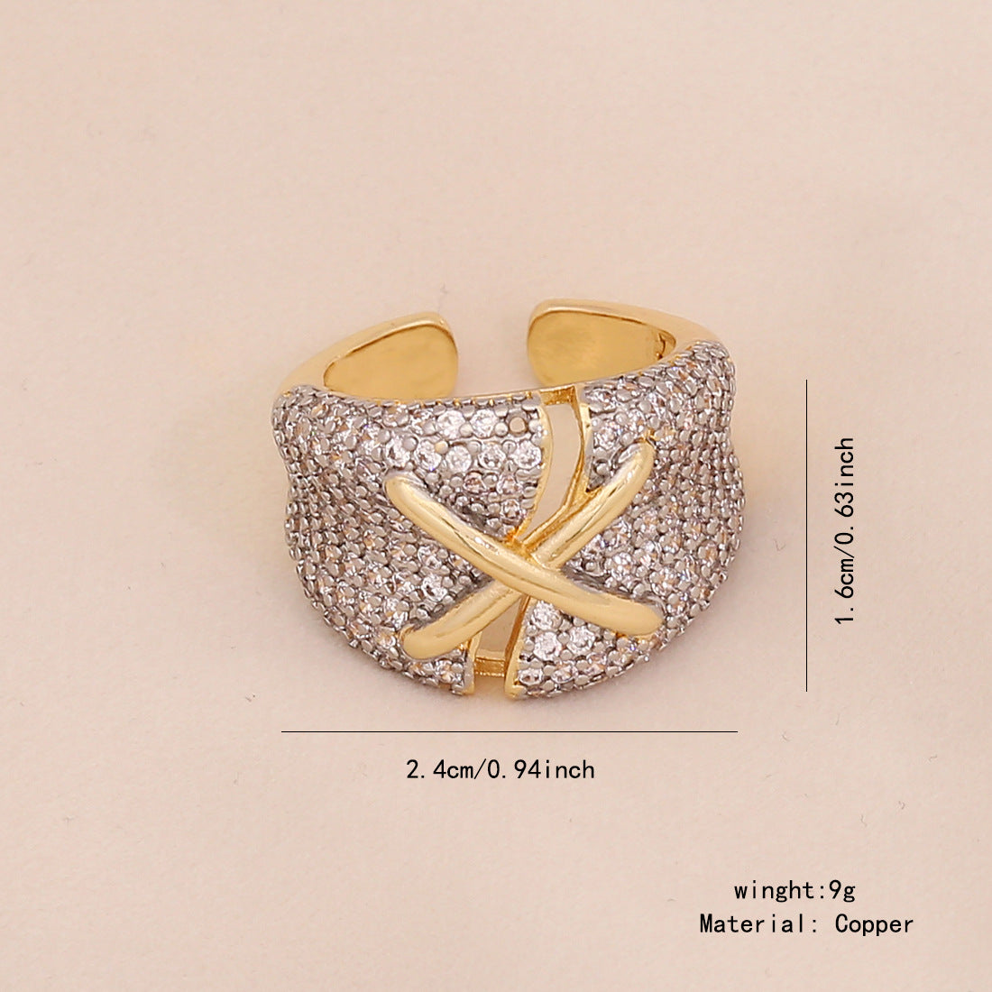 Gold Heart Zircon Ring Geometric Metal Style Live Ring Female Niche Ring R116