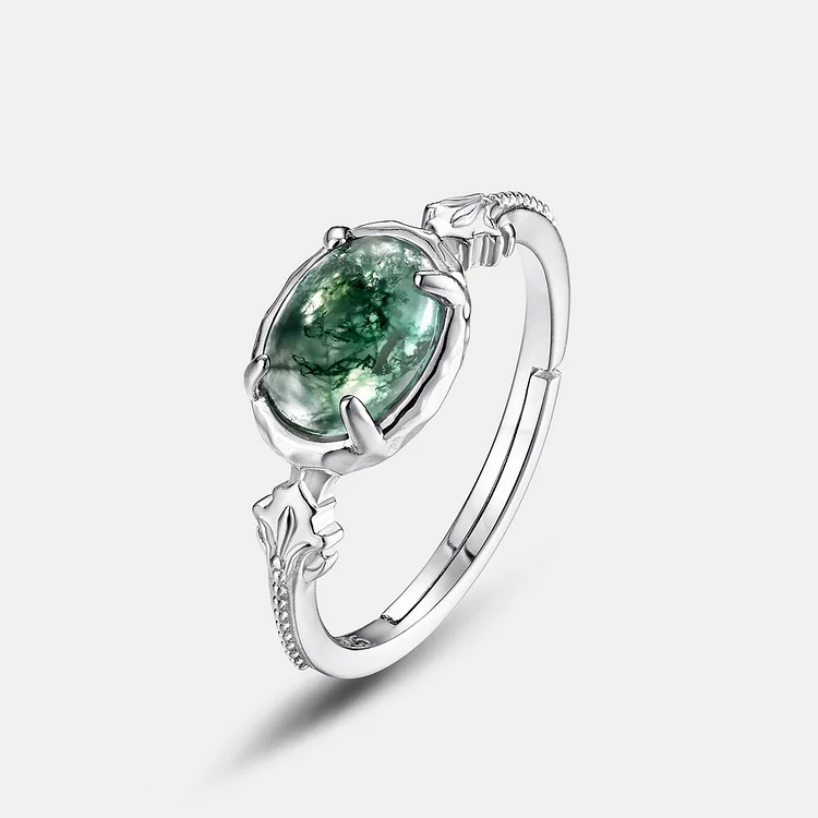 Oval Cut Green Moss Ring Aquatic Agate Open Engagement Ring