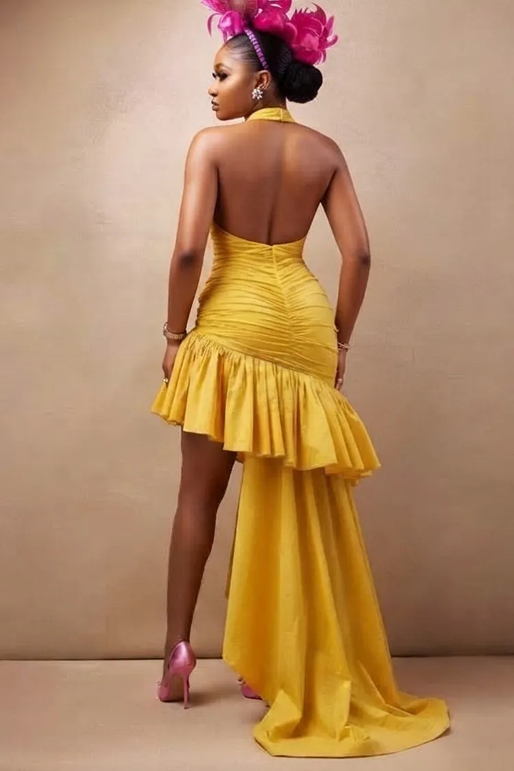 strapless ruffle asymmetrical maxi dress in yellow Halter Backless Ruched Dresses-Yellow [Pre Order] style lace Sparkly Backless Maxi Dress Size:us 4 Model Bebe Slc26