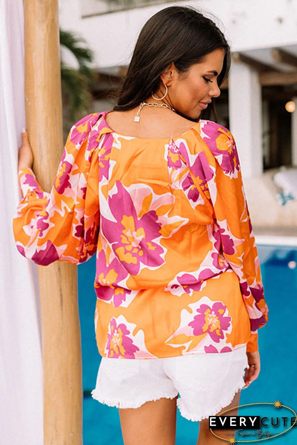 Orange Rose Flower Print Puff Sleeve Blouse