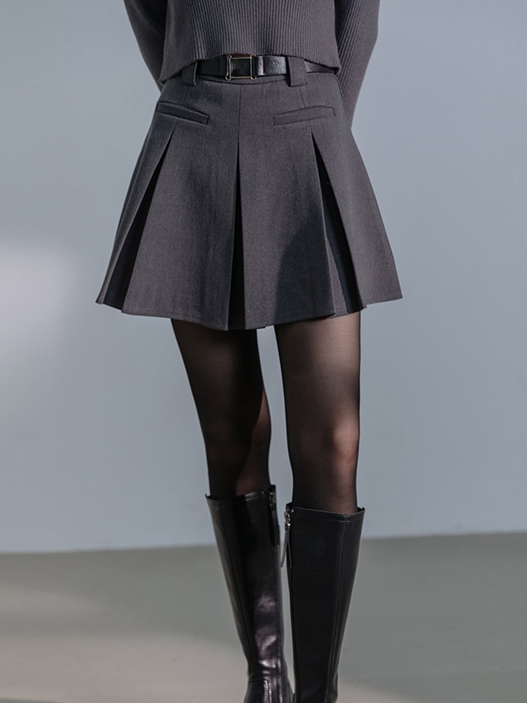 Pocket Vintage Short Pleated Skirt (belt Free)