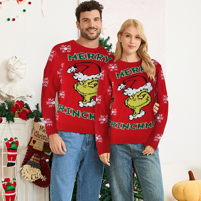 Green Monster Parent-Child Outfit Red Sweater Loose Casual Christmas Ugly Sweater