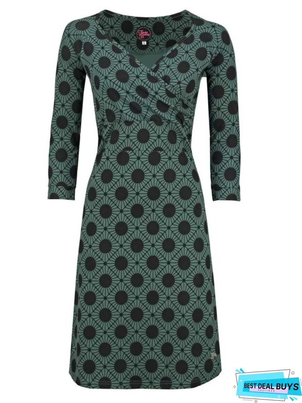 Green Floral-Print V Neck Geometric Long Sleeve Knitting Dress