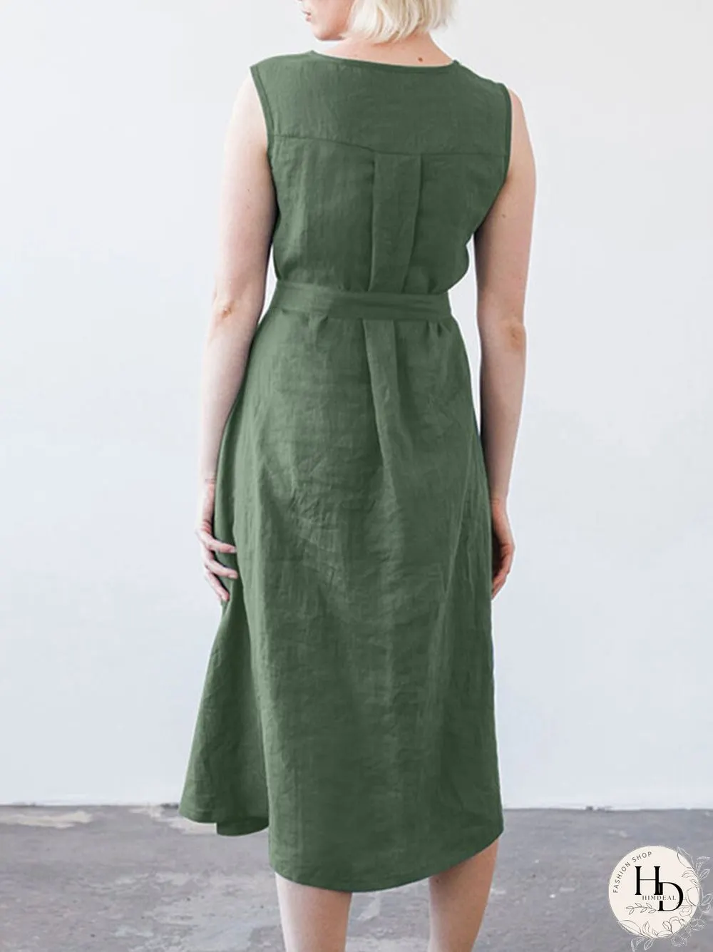 Solid Sleeveless Pocket Crew Neck Dress with Belt