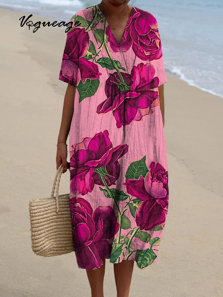 Elegant Plants And Flowers Printed Women's Casual Cotton And Linen Dress