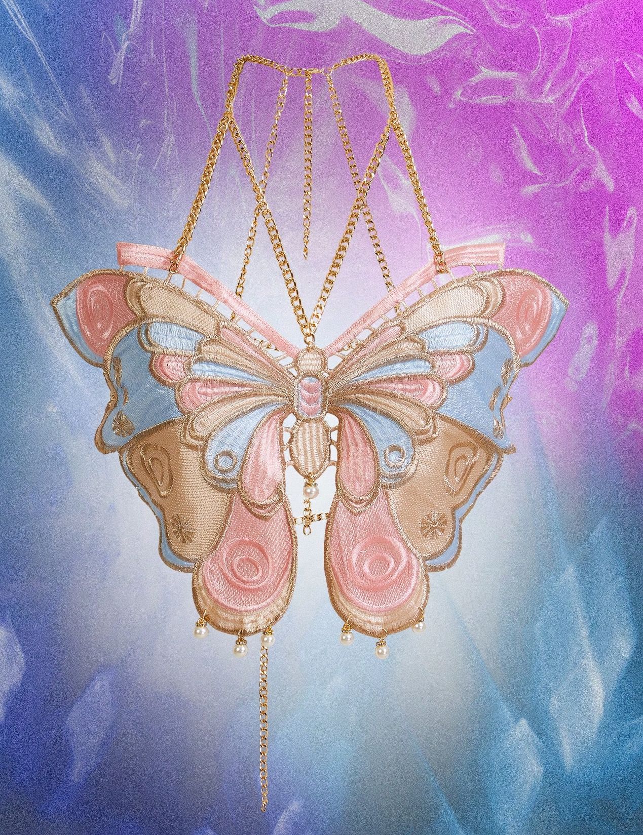 Lovingerie - Colorful Embroidered Butterfly Suspender Bra with Body Chain