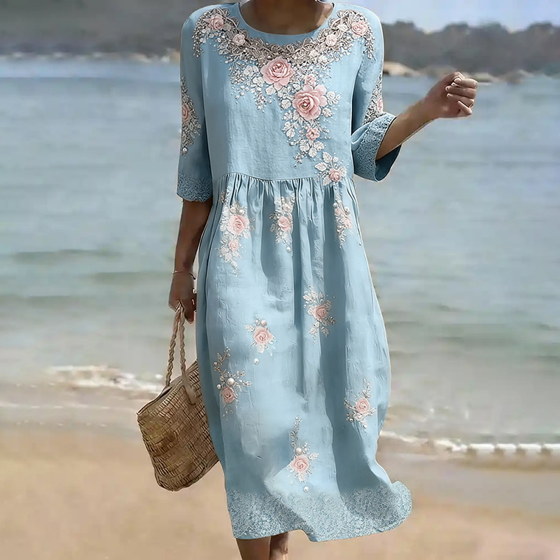 Women's Vintage Pink Floral Art Linen Blend Loose Three-quarter Sleeve Dress wearshes