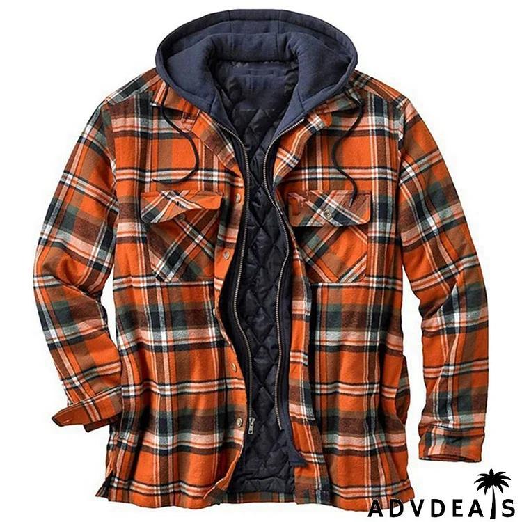 Men Autumn And Winter Thickened Plaid Print Loose Hooded Jacket