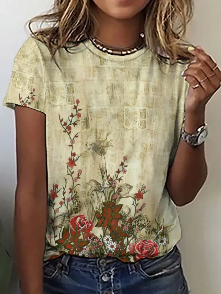 Printed Short Sleeve Casual T-shirt for  Women and Men Unisex Pattern Floral,Red,Beige,Gray