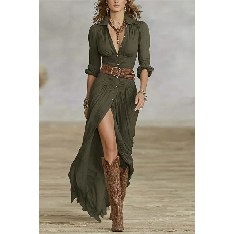 Athvotar Athvotar Women's Spring And Autumn Sexy Solid Color Irregular Folding Waist Collar Dress With Belt