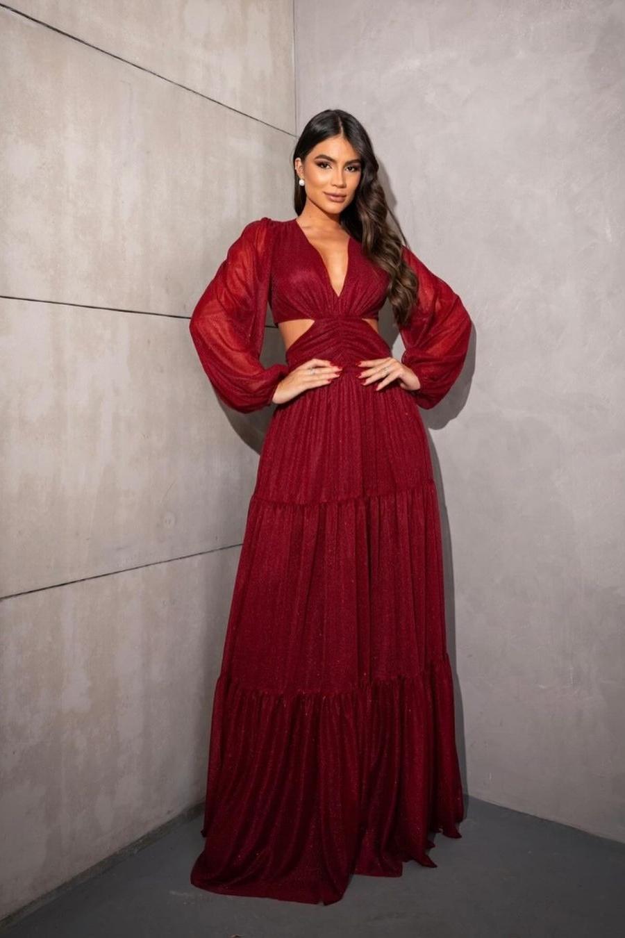 Lvs&Broner Red Long Sleeves V Neck Long Ruffles Prom Dress With Sequins