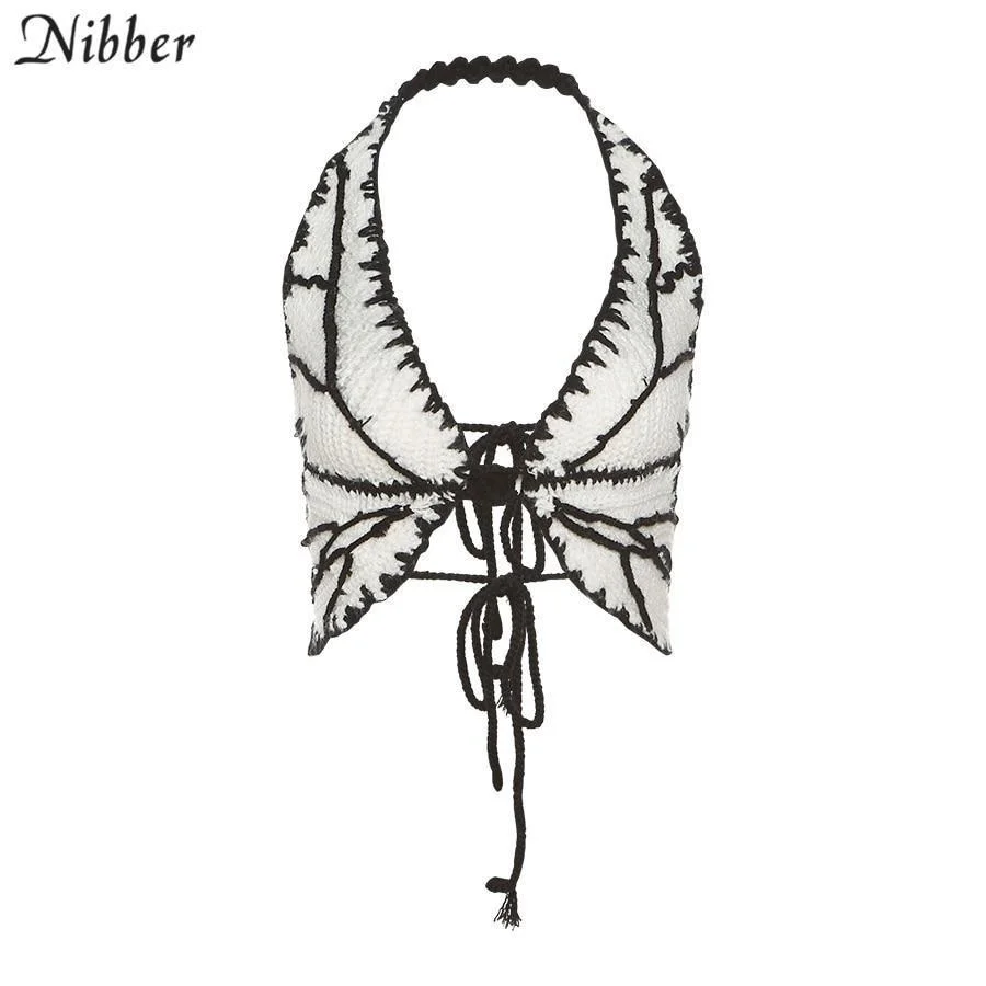 NIBBER Butterfly Sexy Y2K Top Women Halter Bandage Sleeveless Hipster Knitted Beach Tunic Summer Fashion Party Club Camisole 1005-2