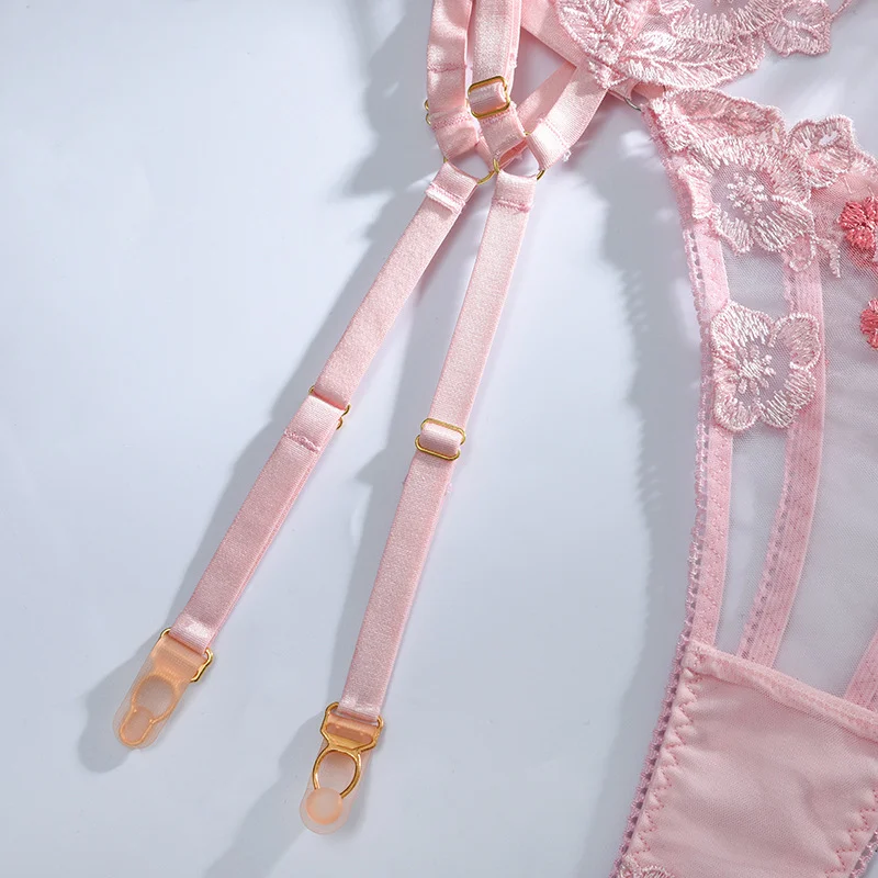 Billionm New Women Lingerie Pink Bra and Panty Sensual Lace Sheer Underwear Langerie Floral Embroidery Transparent 3pcs Patchwork Costume