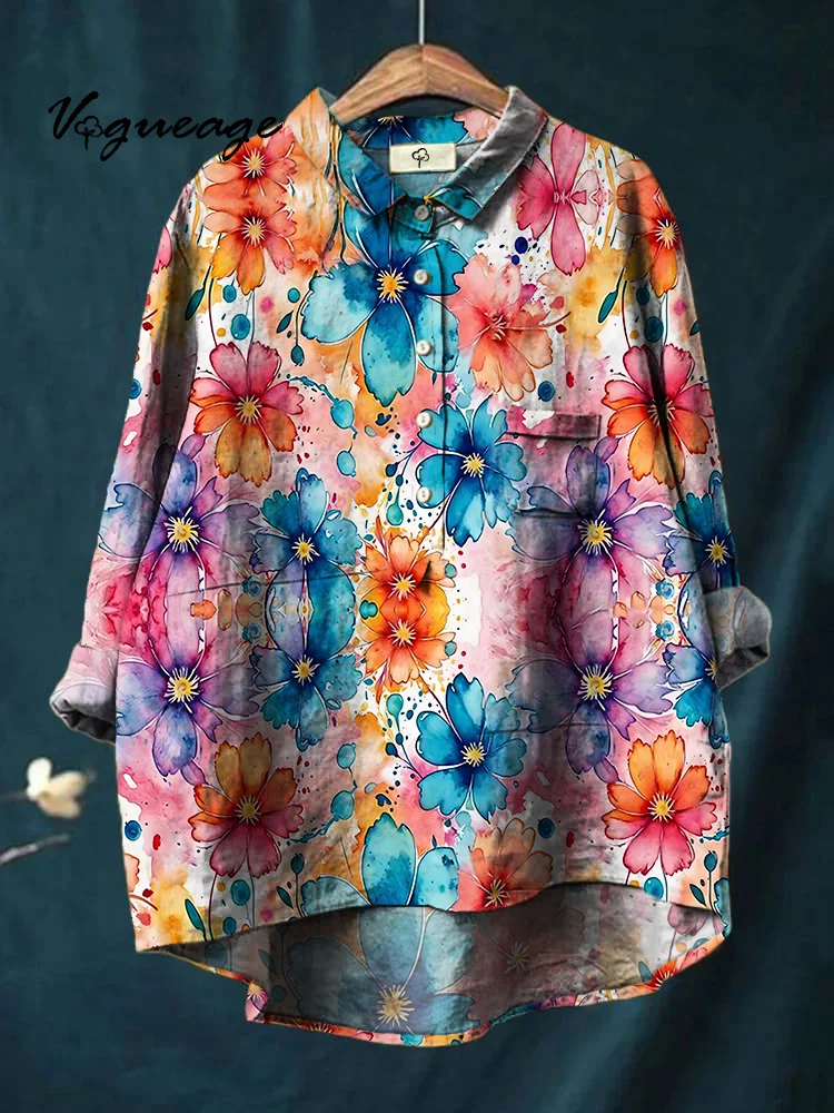 Bright And Colorful Watercolor Flowers Printed Cotton And Linen Shirt