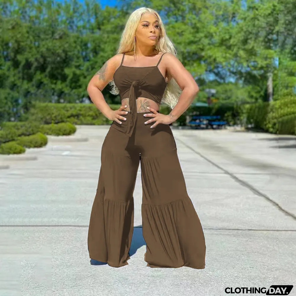 Plus Size Casual Solid Color Sling Top Loose Pants 2 Piece Sets