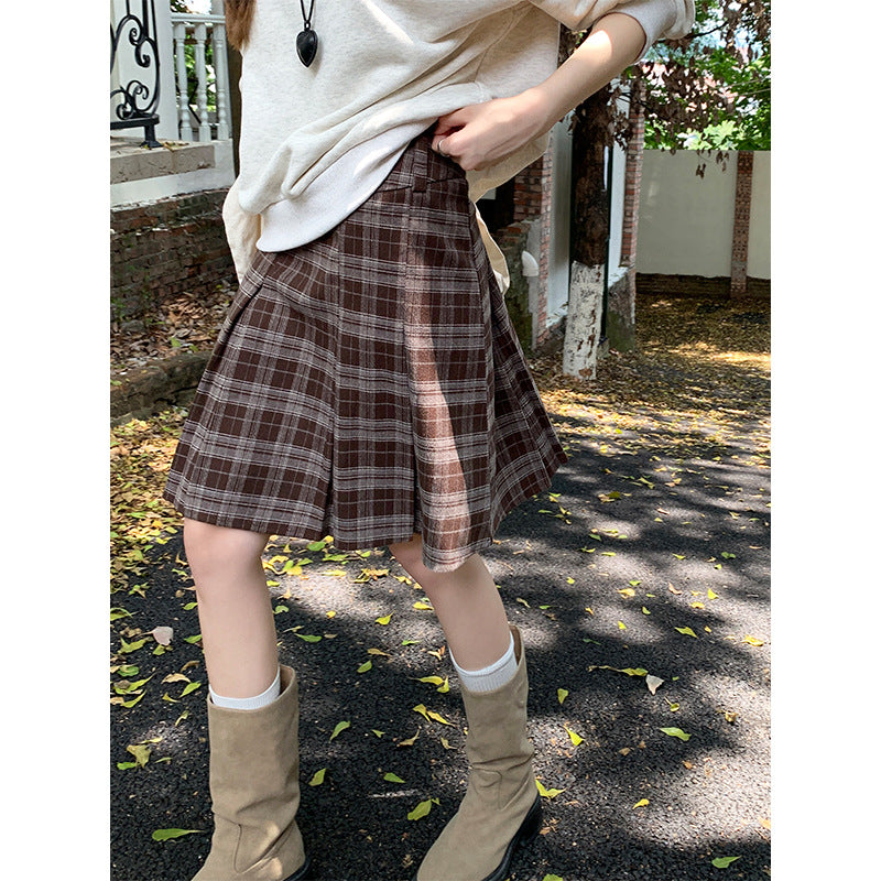 Aiertu fashion outfits American Style Retro Brown Plaid Skirt Women's Autumn Korean Style High Waist Slimming Sweet Spicy A- line Pleated Short Skirt aiertu