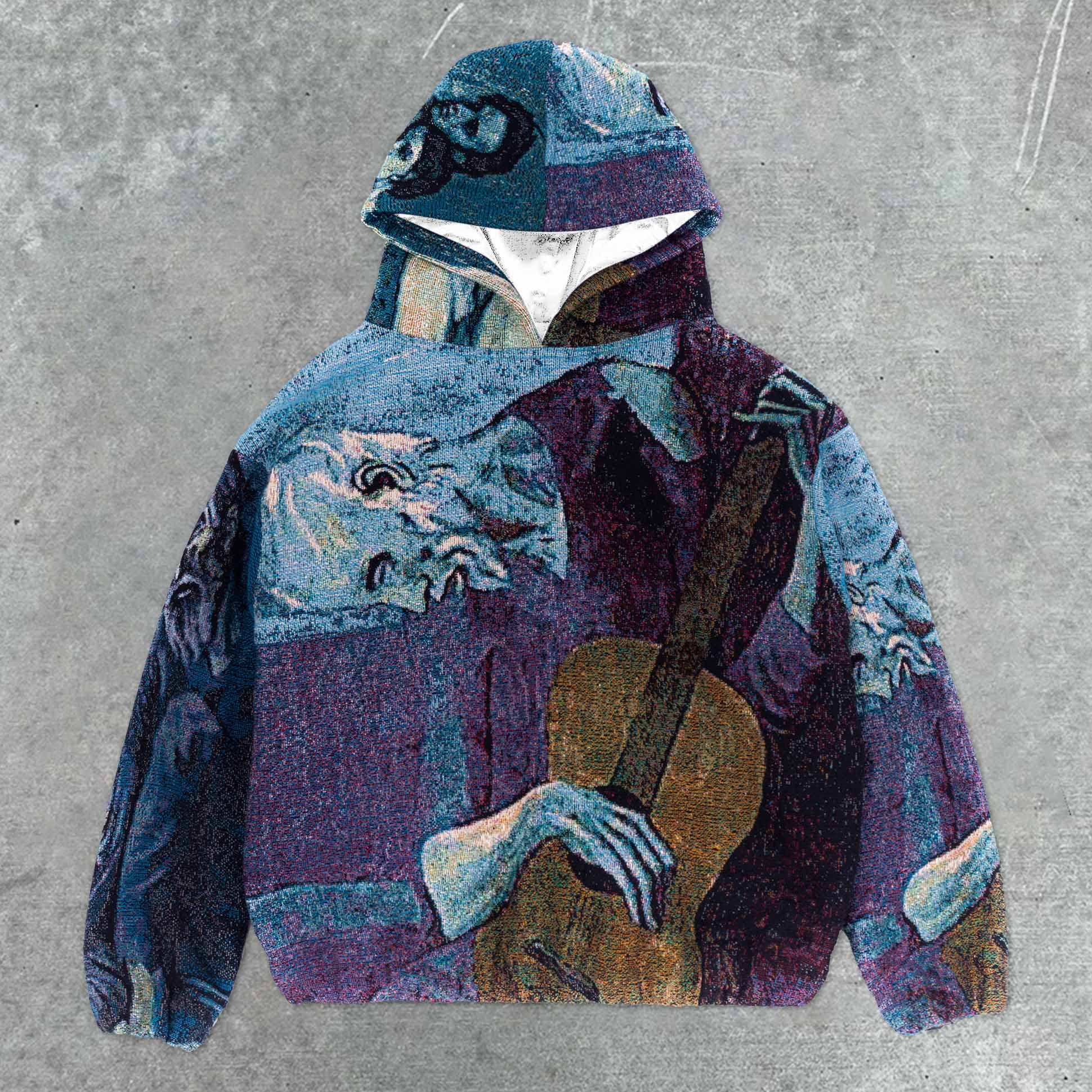 Fashion Trendy Retro Street Painting Style Tapestry Knit Hooded Sweater
