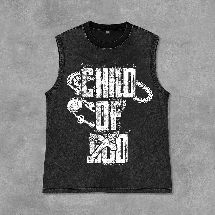 Vintage Child Of God Cross Graphic Print Casual Acid Washed Sleeveless Tank Top SOPULA