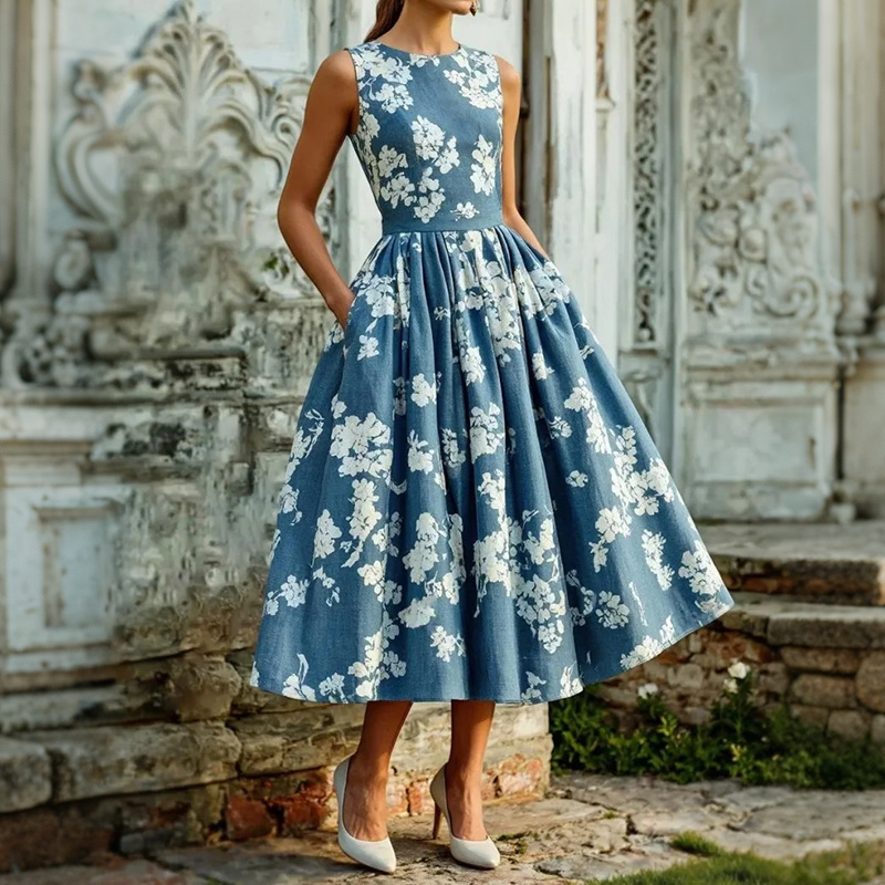 French Elegant Sleeveless Floral A-line Dress elevenforest