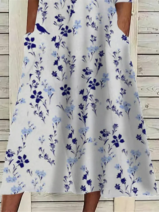 Women Half Sleeve V-neck Solid Color Dress