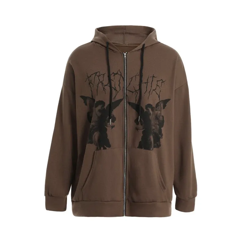 Xingqing Women Full Zip Hoodies Fashion Portrait Print Long Sleeve Loose Sweatshirt Tops Y2K Aesthetic Ladies Clothes Streetwear