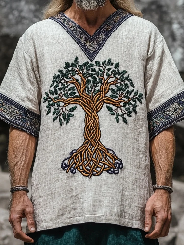 Men's Viking Celtic Tree Of Life Embroidered Linen T Shirt