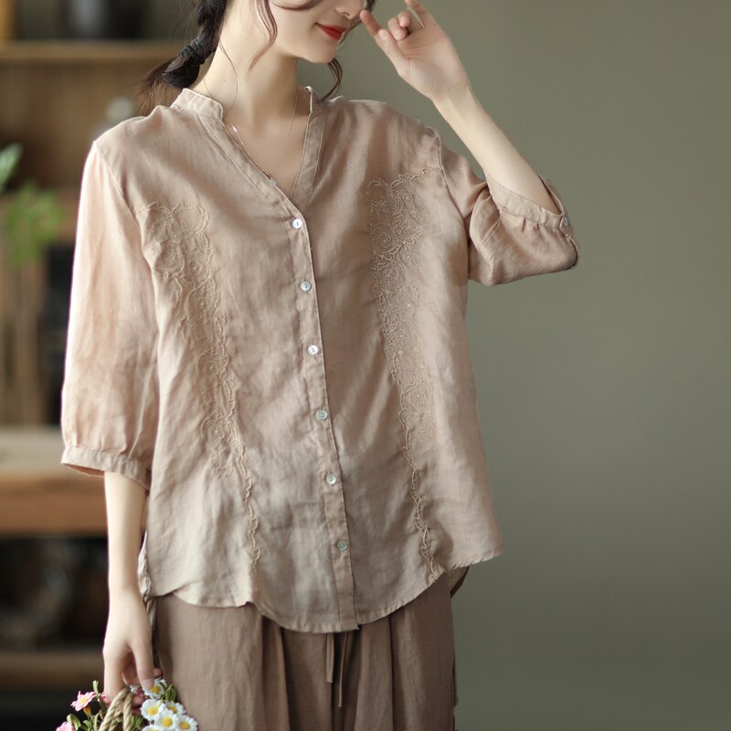 Women Half Sleeve Solid Cotton Linen Blouses&Shirts