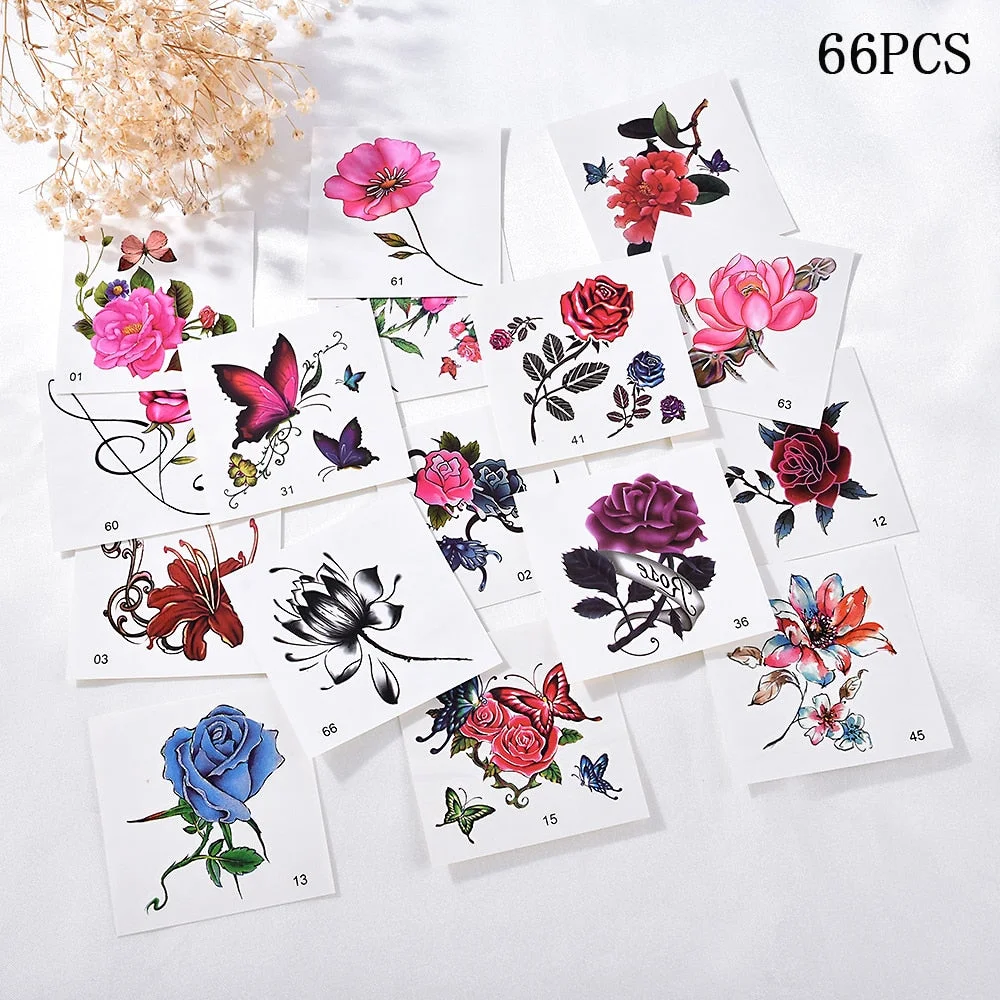 66 Sheets/Set Hot Small 3D Flower Butterfly Series Temporary Tattoo Arm Leg Finger Art Waterproof Stickers Women Girls Body Art