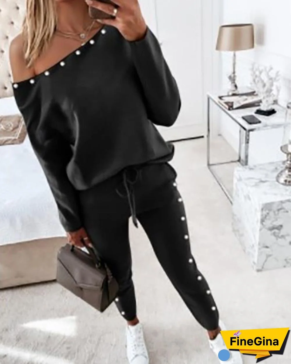 New Contrast Plaid Top & Drawstring Pants Set