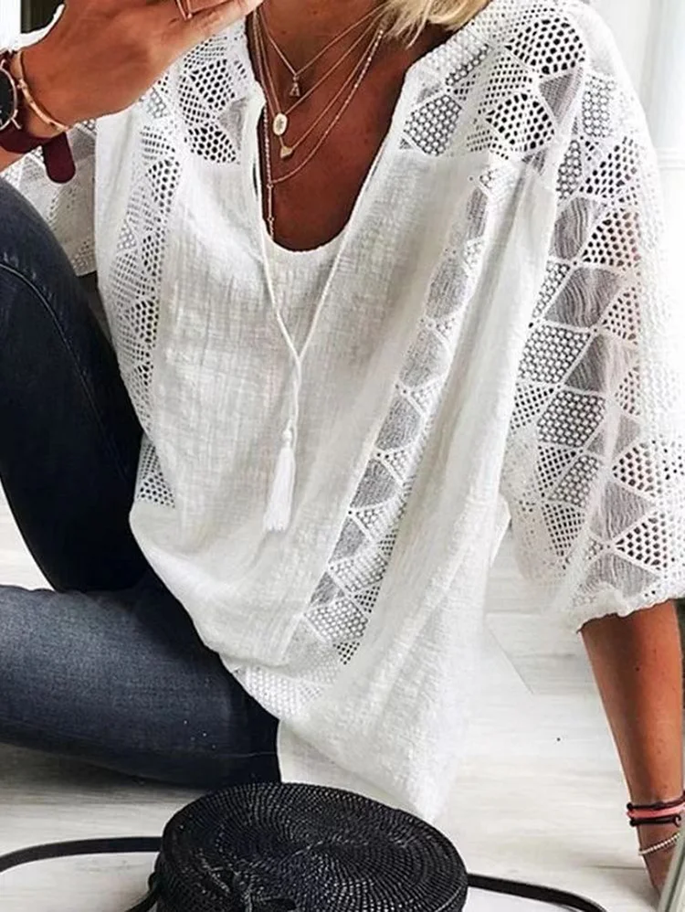 Casual Lace Hollow Out Half Sleeve Loose Blouse