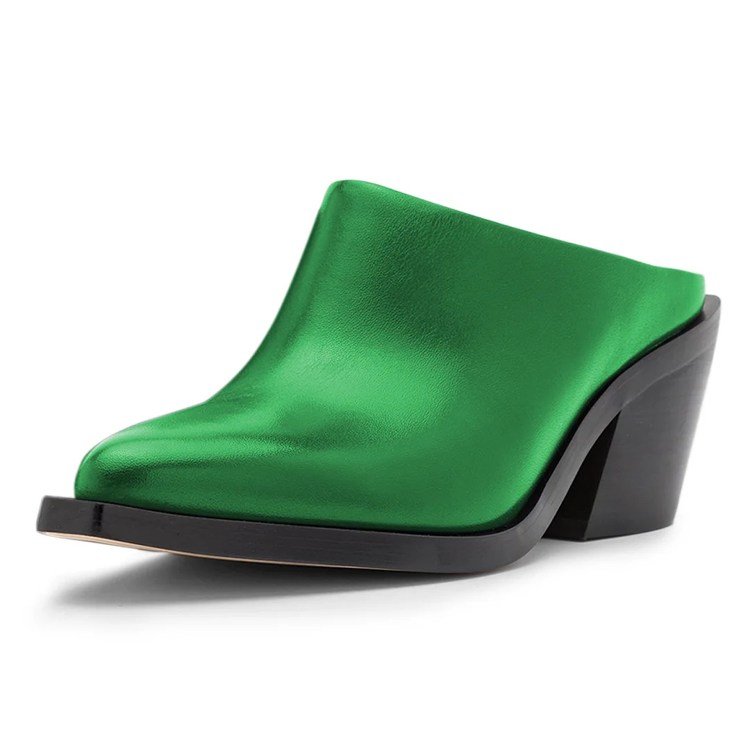 Green Vegan Leather Snip Toe Fashion Heeled Mules for Women