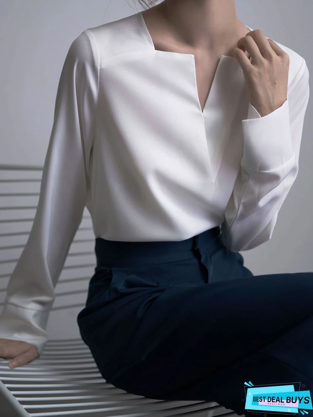 White Daily Long sleeve Plain V Neck Simple Blouse