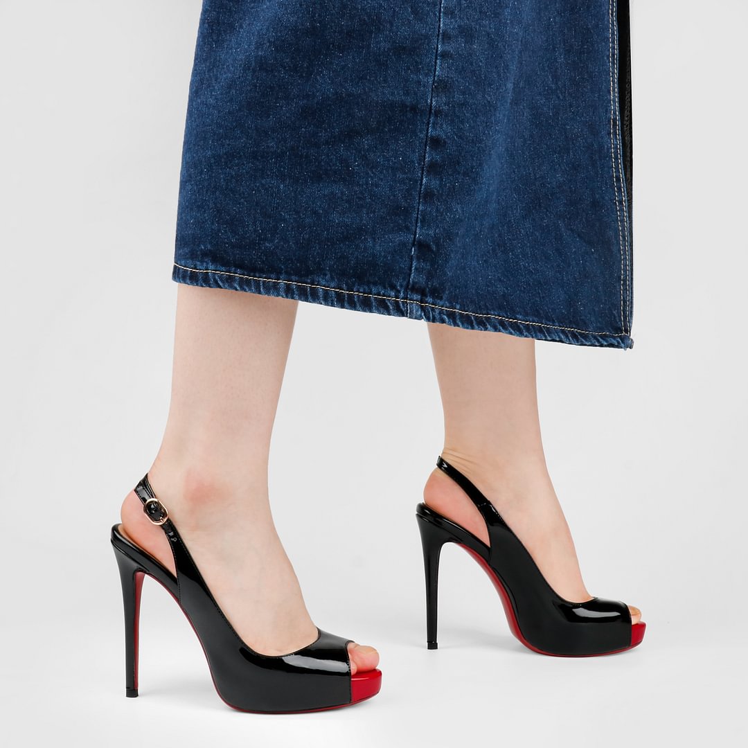 120mm Red Bottom Strap Slingback Sandals Peep Toe Platform Stilettos Patent Heels-MERUMOTE