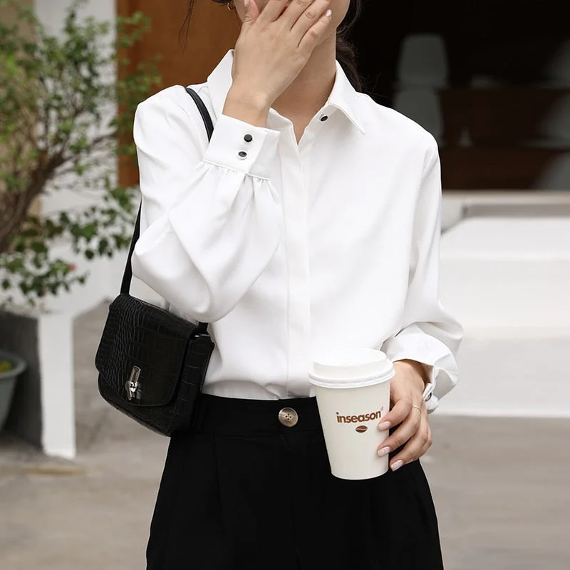 Uforever21  OL Style Formal Women White Shirts Turn-Down Collar Blouse Tops Elegant Workwear Female Blusa Single-Breasted Shirts Long Sleeve