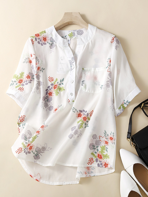 Women's Cotton Linen Shirt Floral Print V-Neck Half Button Light Weight Blouse Top