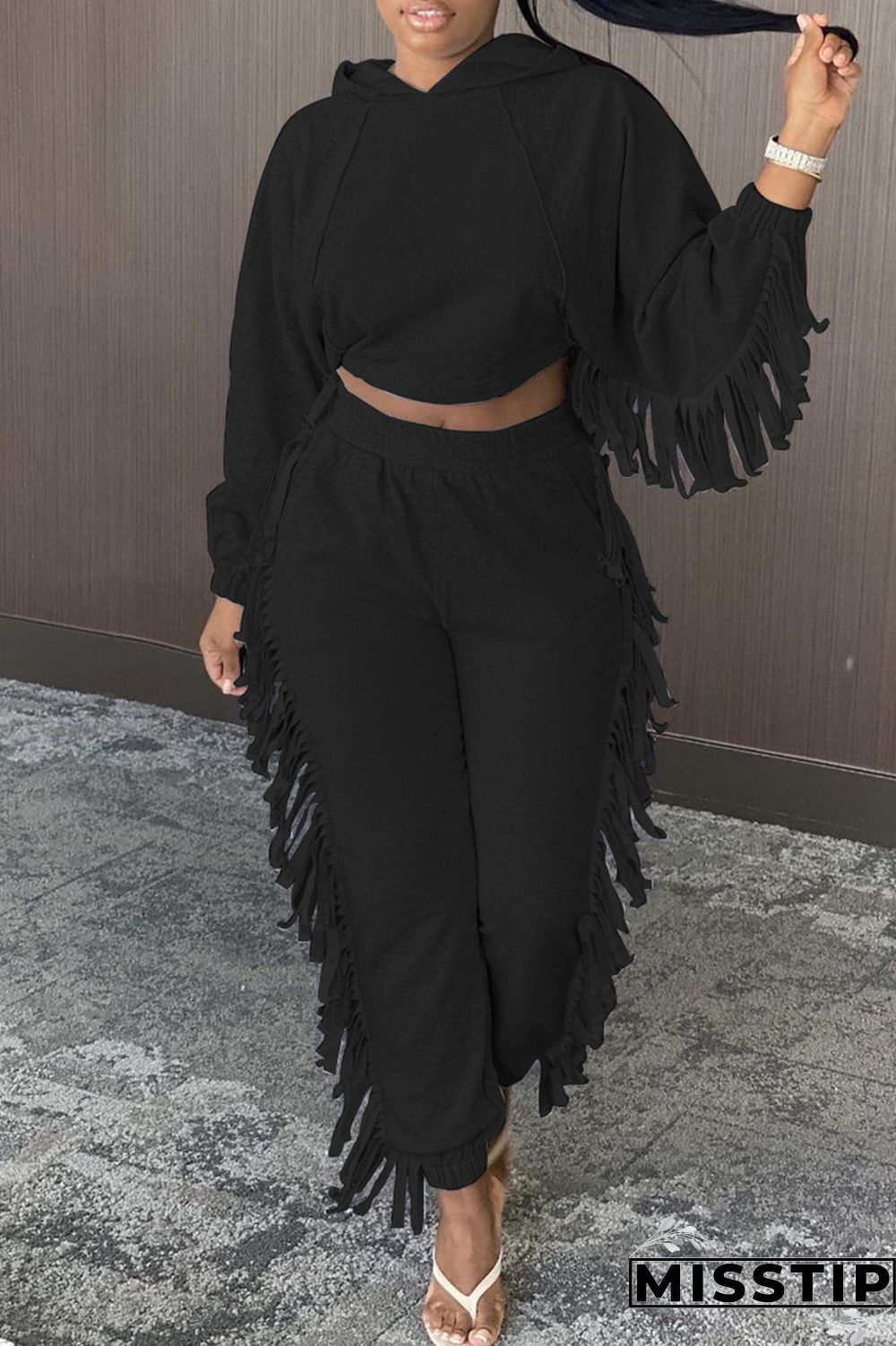 Black Fashion Casual Solid Tassel Hooded Collar Long Sleeve Two Pieces