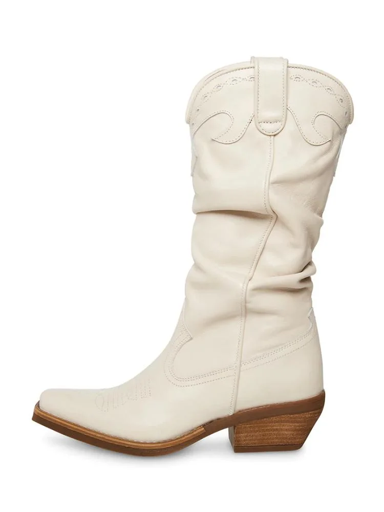 Women Embroidered Mid Calf Cowboy Boots Slouched Stitch Snip Toe Slanted Block Chunky Heel Western Boots