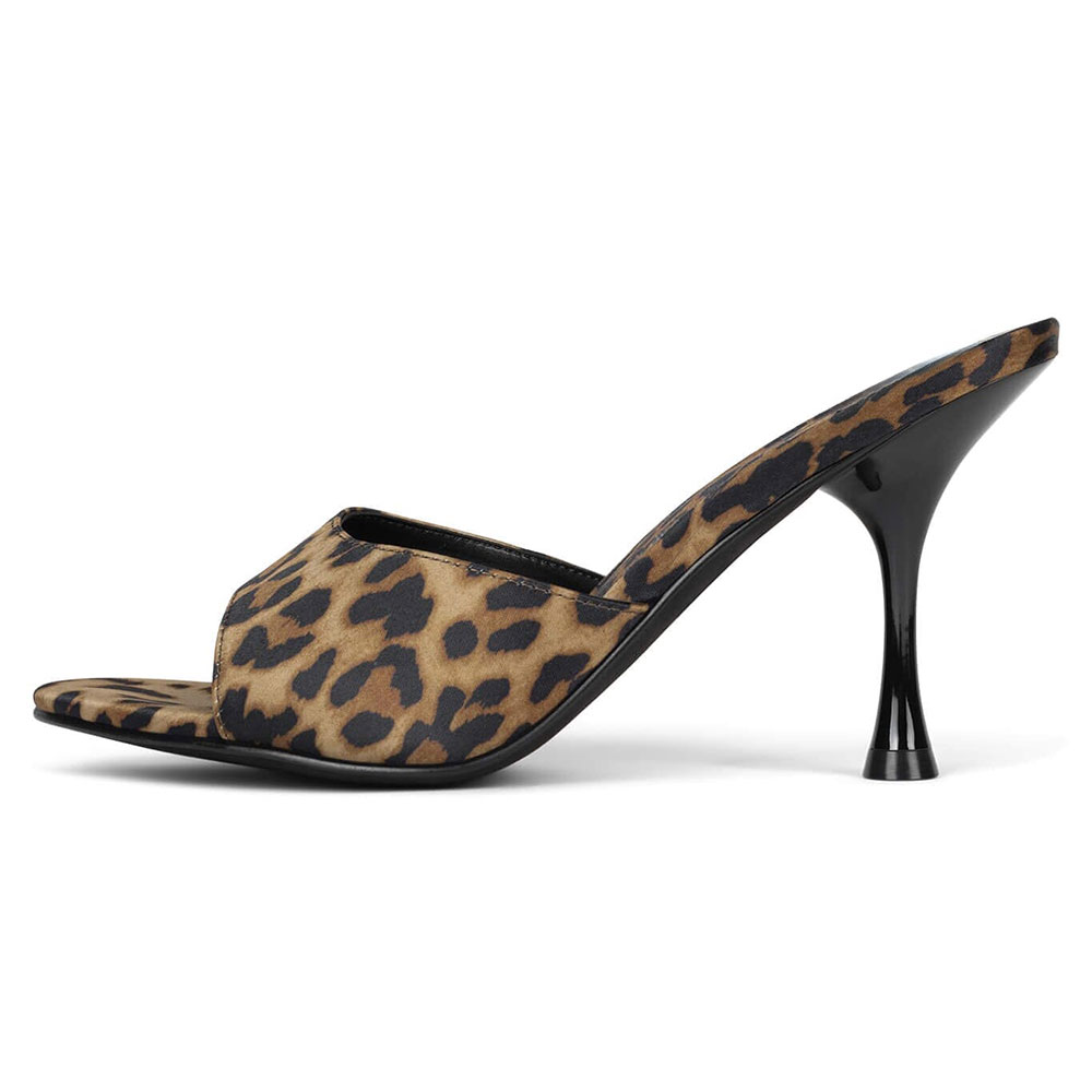 Leopard Satin Pointed Toe Curved Band Elegant Mules with Stiletto Heel Nicepairs