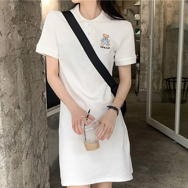 Cartoon Bear Embroidery Lapel T-Shirt Dress - Modakawa modakawa