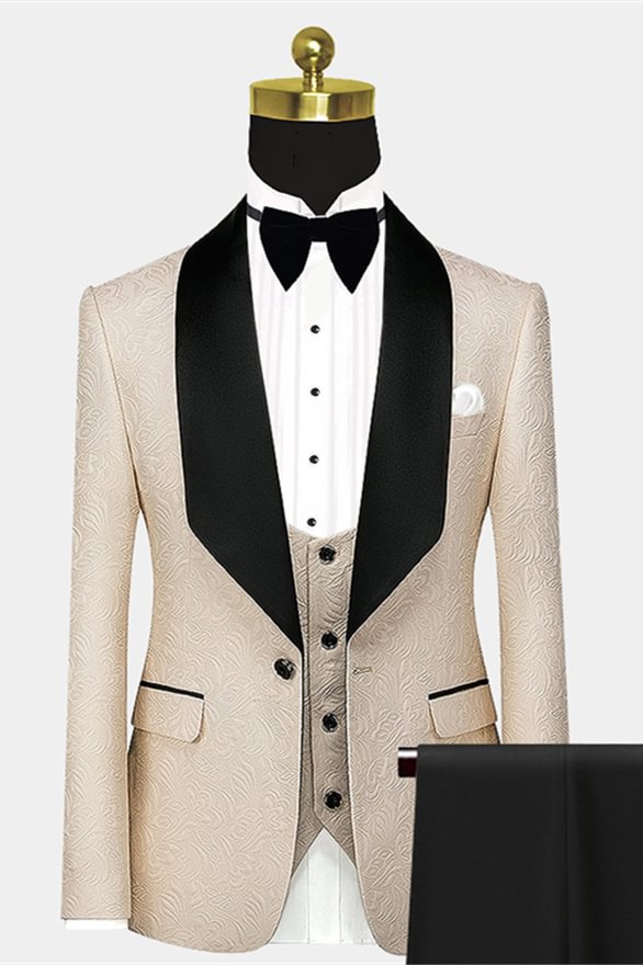 Romantic Floral Jacquard Champagne Wedding Suit With Black Large Lapel | Ballbellas Ballbellas