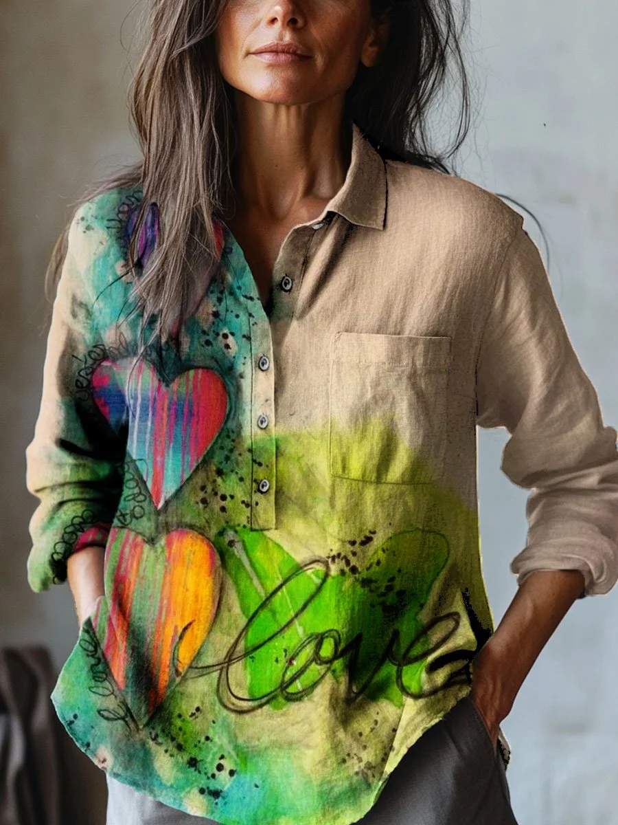 Women's Vintage Love Smiley Floral Art Print Casual Cotton And Linen Shirt