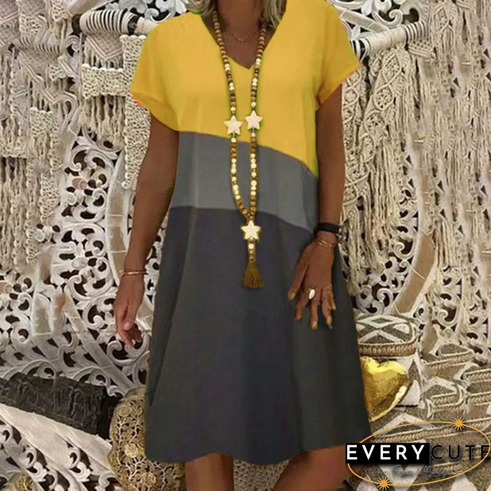 Summer Retro V-Neck Short-Sleeved Mid-Length Dress Retro Printed Loose Beach Casual Skirt