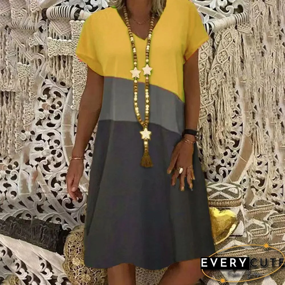 Summer Retro V-Neck Short-Sleeved Mid-Length Dress Retro Printed Loose Beach Casual Skirt