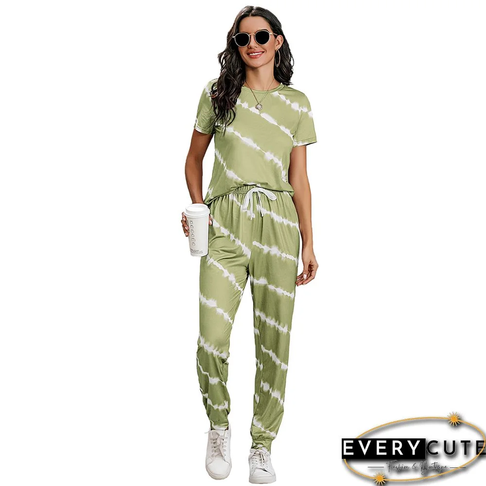 Grass Green Stripes Short Sleeve Pant Loungewear Set