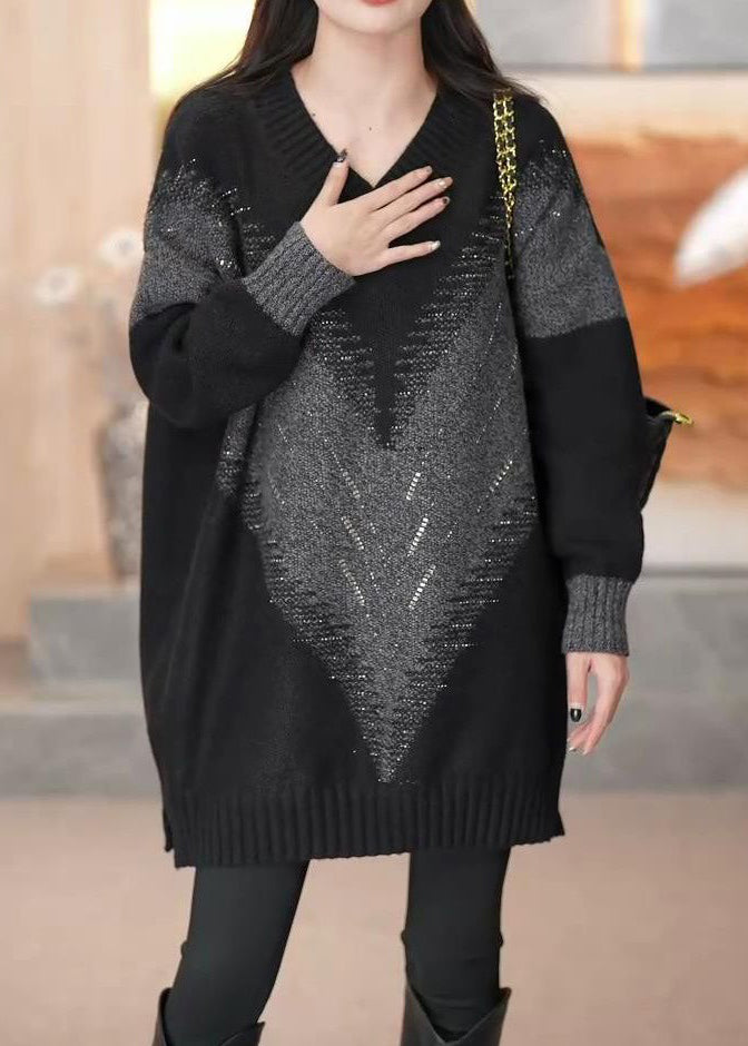 VCSHOES Loose Black V Neck Patchwork Cotton Knit Sweaters Long Sleeve