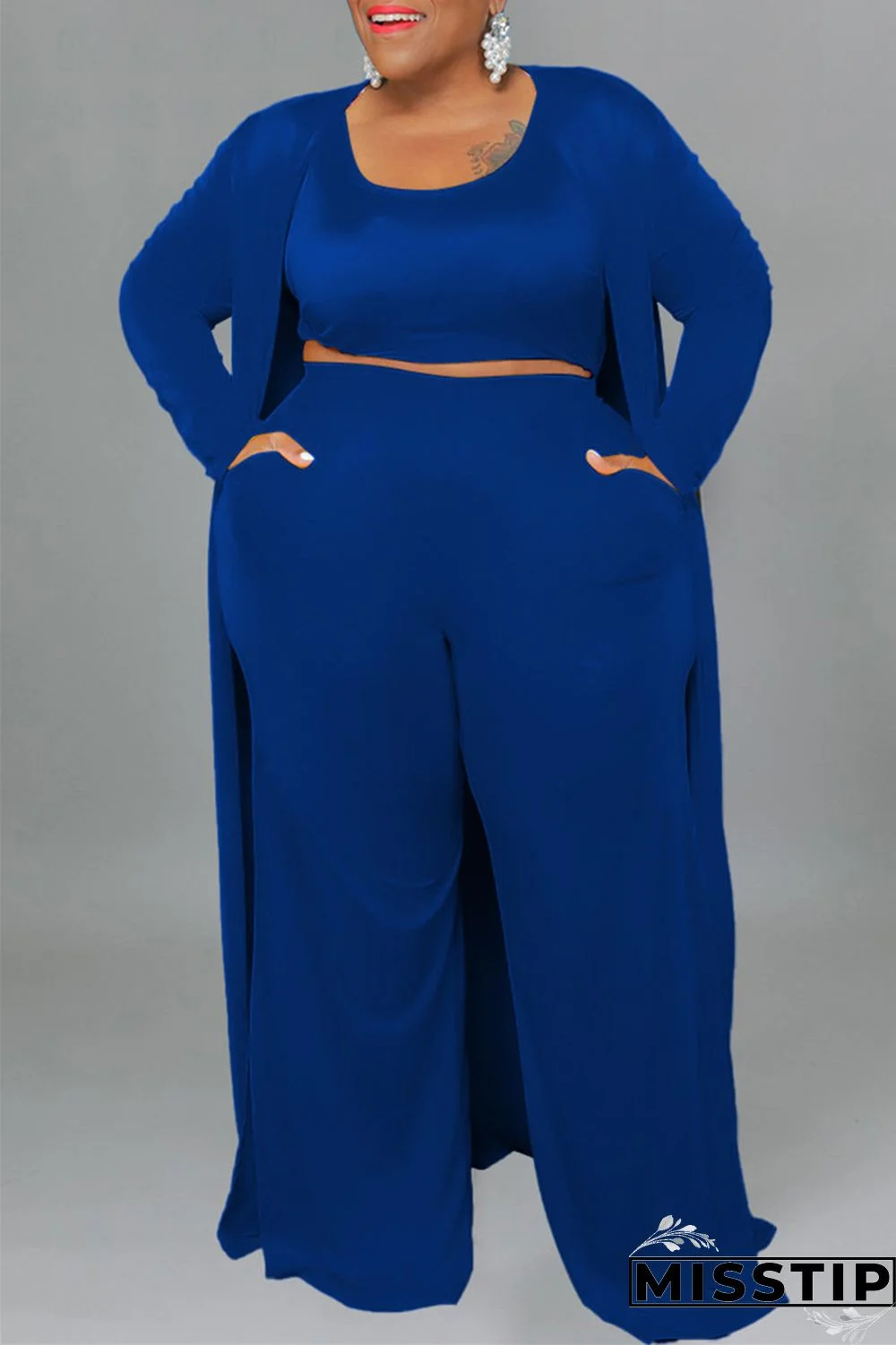 Blue Casual Solid Cardigan Vests Pants O Neck Plus Size Two Pieces