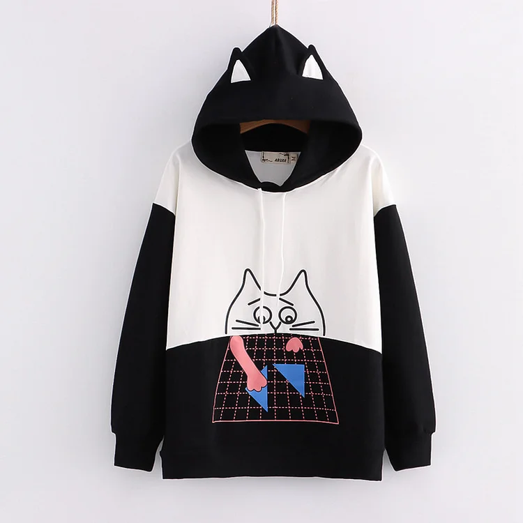 Cartoon Cat Print Colorblock Loose Hoodie - Modakawa Modakawa